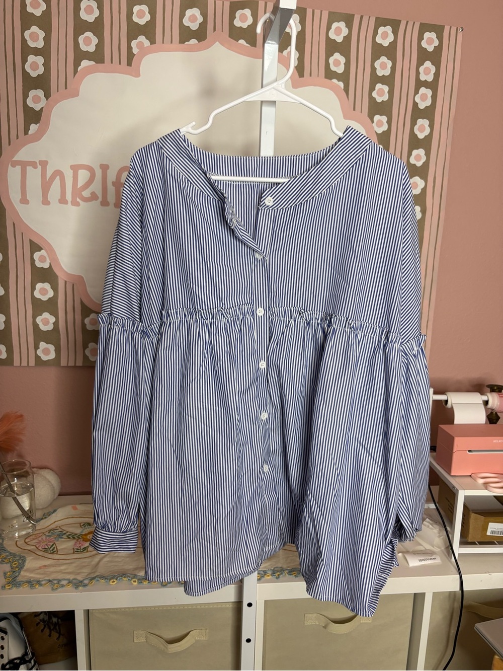 Striped Blue Button-Front Peplum Shirt